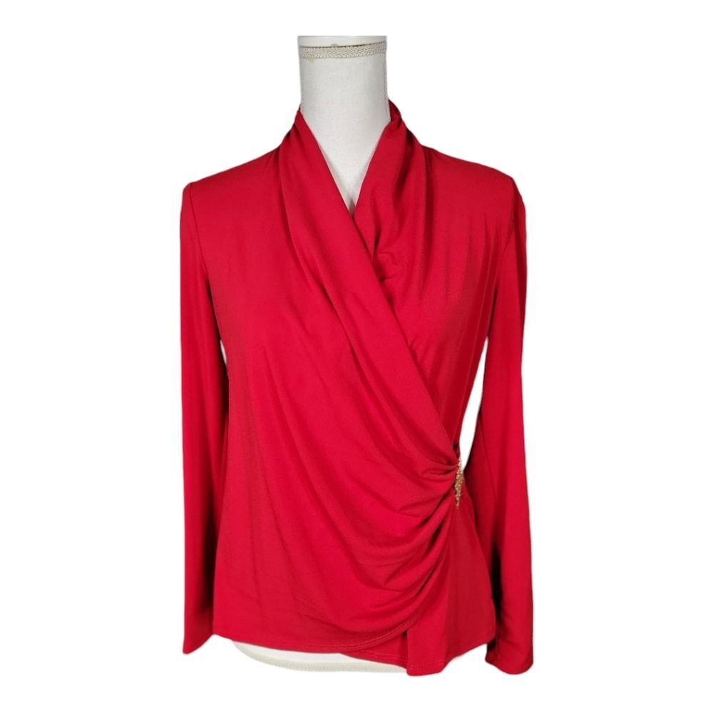 Sunny Leigh Women's Top Small Red Faux Gold Brooch Wrap Business Casual